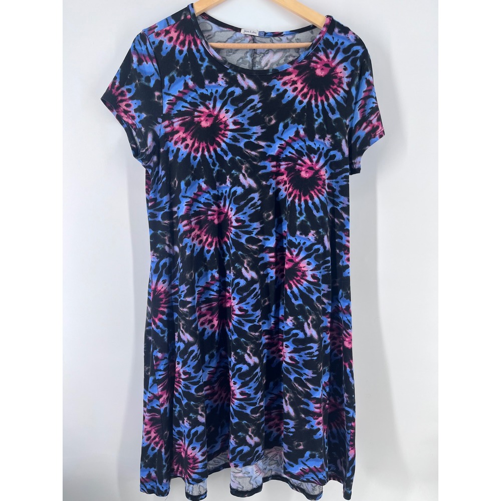 Womens Blue Pink Tie Dye Sunburst Short Sleeve T-Shirt Dress L Artsy Chic